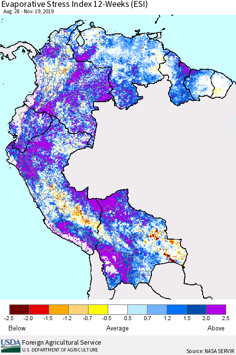 Northern South America Evaporative Stress Index (ESI), 12-Weeks Thematic Map For 11/18/2019 - 11/24/2019