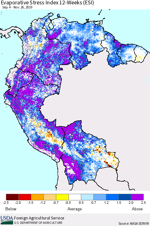 Northern South America Evaporative Stress Index (ESI), 12-Weeks Thematic Map For 11/25/2019 - 12/1/2019