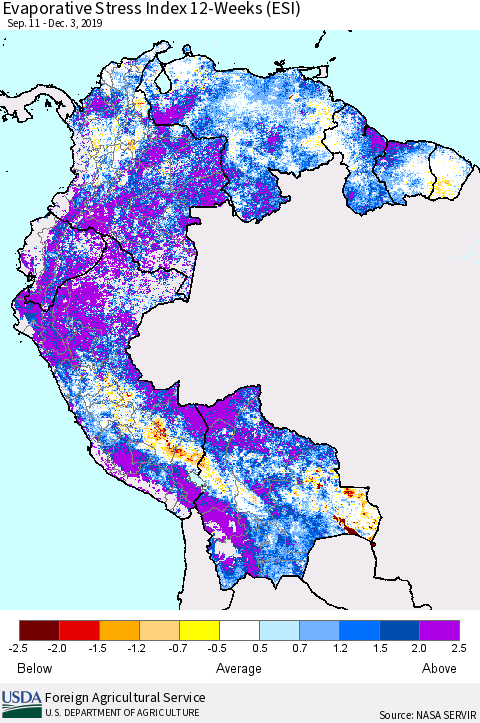 Northern South America Evaporative Stress Index (ESI), 12-Weeks Thematic Map For 12/2/2019 - 12/8/2019