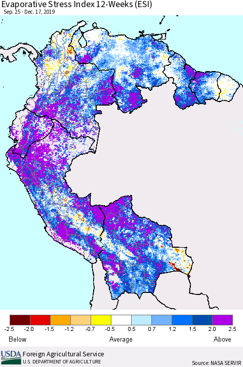Northern South America Evaporative Stress Index (ESI), 12-Weeks Thematic Map For 12/16/2019 - 12/22/2019