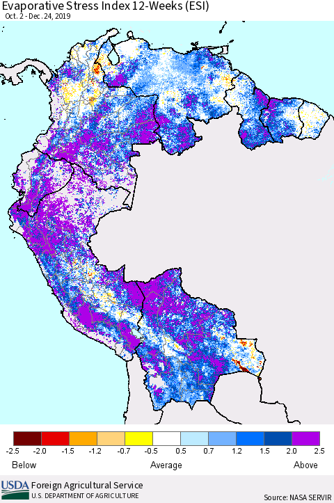 Northern South America Evaporative Stress Index (ESI), 12-Weeks Thematic Map For 12/23/2019 - 12/29/2019