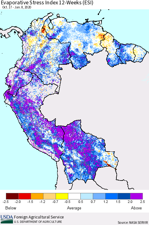 Northern South America Evaporative Stress Index (ESI), 12-Weeks Thematic Map For 1/6/2020 - 1/12/2020