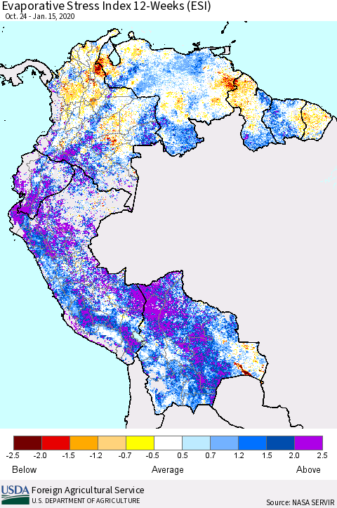 Northern South America Evaporative Stress Index (ESI), 12-Weeks Thematic Map For 1/13/2020 - 1/19/2020