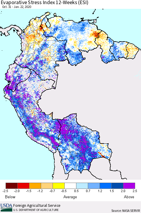 Northern South America Evaporative Stress Index (ESI), 12-Weeks Thematic Map For 1/20/2020 - 1/26/2020