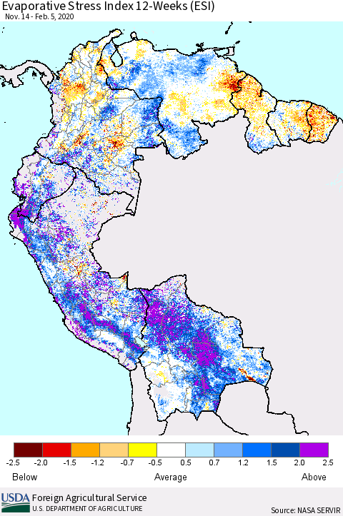 Northern South America Evaporative Stress Index (ESI), 12-Weeks Thematic Map For 2/3/2020 - 2/9/2020