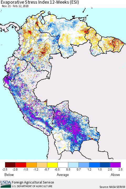 Northern South America Evaporative Stress Index (ESI), 12-Weeks Thematic Map For 2/10/2020 - 2/16/2020