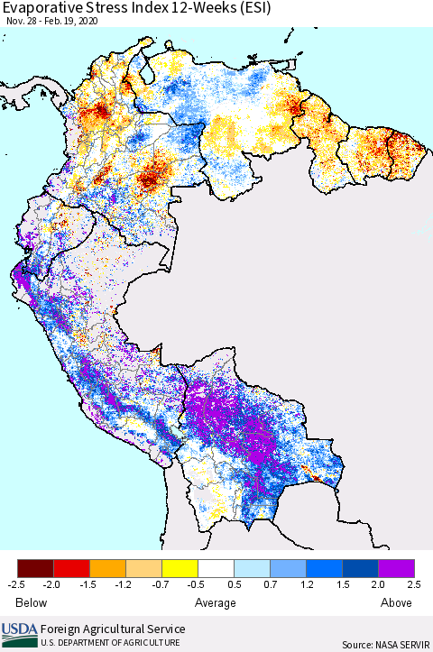 Northern South America Evaporative Stress Index (ESI), 12-Weeks Thematic Map For 2/17/2020 - 2/23/2020