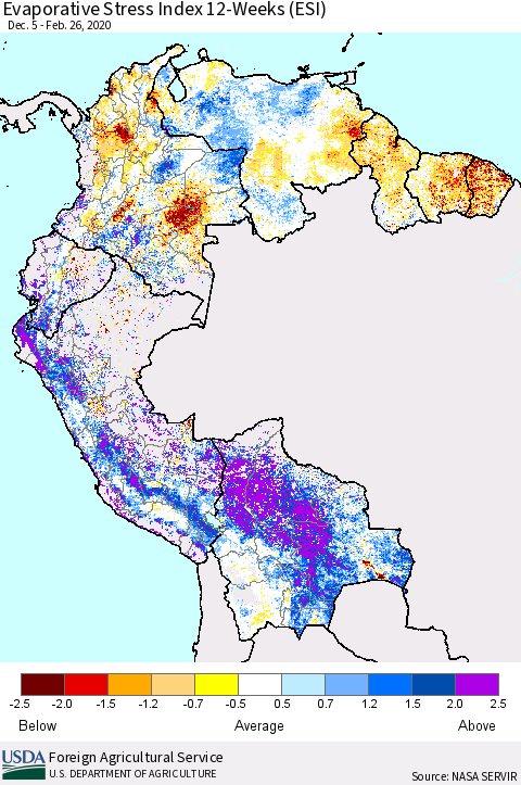 Northern South America Evaporative Stress Index (ESI), 12-Weeks Thematic Map For 2/24/2020 - 3/1/2020