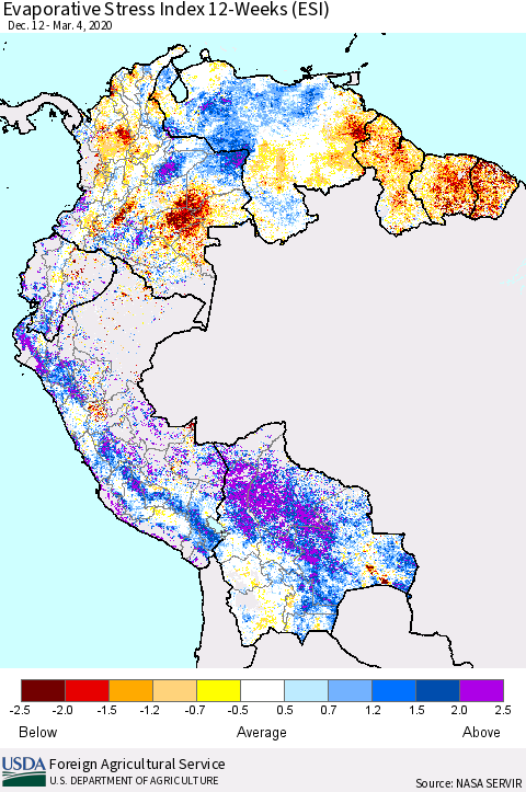Northern South America Evaporative Stress Index (ESI), 12-Weeks Thematic Map For 3/2/2020 - 3/8/2020