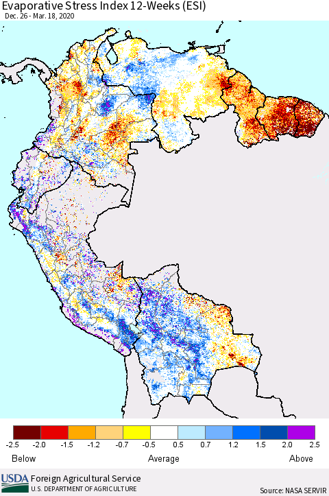 Northern South America Evaporative Stress Index (ESI), 12-Weeks Thematic Map For 3/16/2020 - 3/22/2020