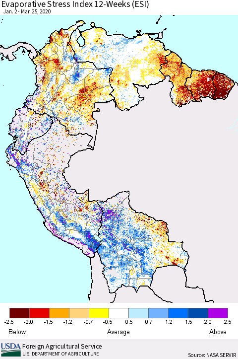 Northern South America Evaporative Stress Index (ESI), 12-Weeks Thematic Map For 3/23/2020 - 3/29/2020