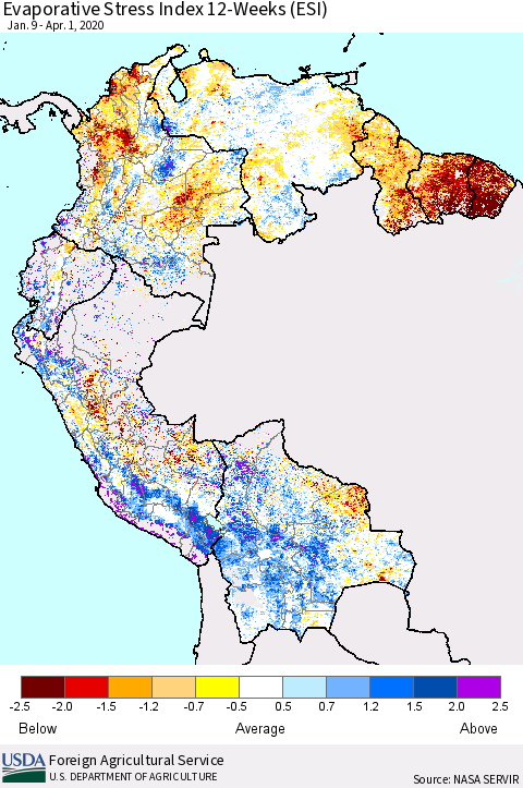 Northern South America Evaporative Stress Index (ESI), 12-Weeks Thematic Map For 3/30/2020 - 4/5/2020
