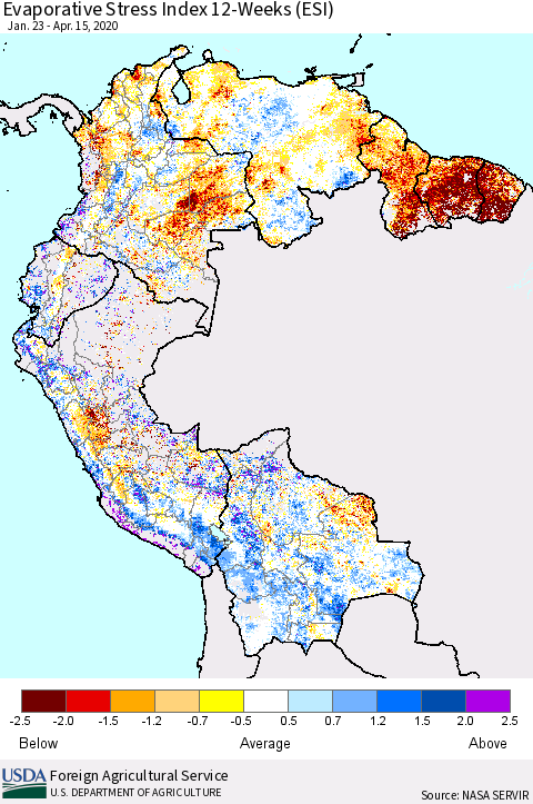 Northern South America Evaporative Stress Index (ESI), 12-Weeks Thematic Map For 4/13/2020 - 4/19/2020