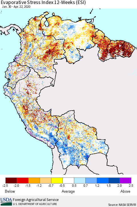 Northern South America Evaporative Stress Index (ESI), 12-Weeks Thematic Map For 4/20/2020 - 4/26/2020