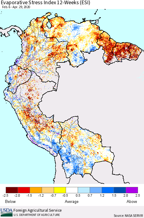 Northern South America Evaporative Stress Index (ESI), 12-Weeks Thematic Map For 4/27/2020 - 5/3/2020