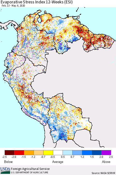 Northern South America Evaporative Stress Index (ESI), 12-Weeks Thematic Map For 5/4/2020 - 5/10/2020