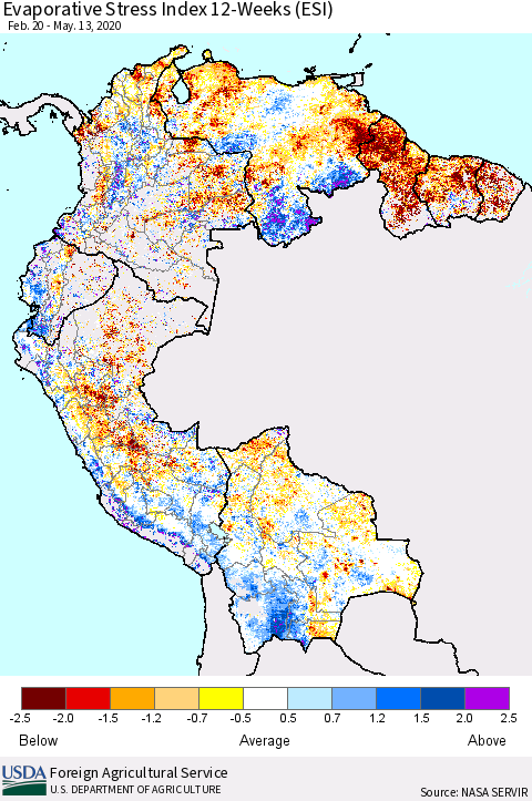 Northern South America Evaporative Stress Index (ESI), 12-Weeks Thematic Map For 5/11/2020 - 5/17/2020