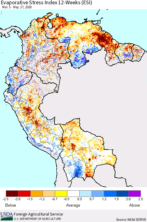 Northern South America Evaporative Stress Index (ESI), 12-Weeks Thematic Map For 5/25/2020 - 5/31/2020