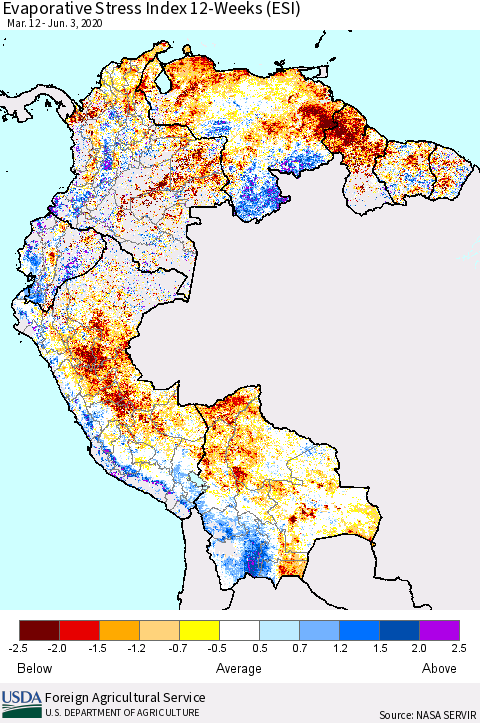 Northern South America Evaporative Stress Index (ESI), 12-Weeks Thematic Map For 6/1/2020 - 6/7/2020