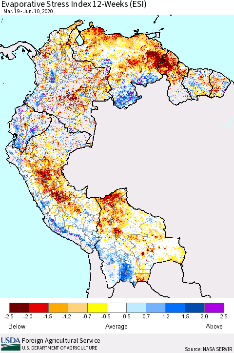 Northern South America Evaporative Stress Index (ESI), 12-Weeks Thematic Map For 6/8/2020 - 6/14/2020