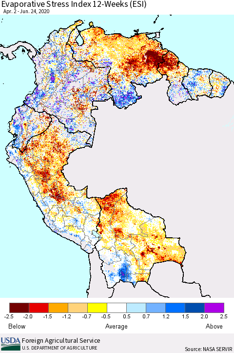 Northern South America Evaporative Stress Index (ESI), 12-Weeks Thematic Map For 6/22/2020 - 6/28/2020