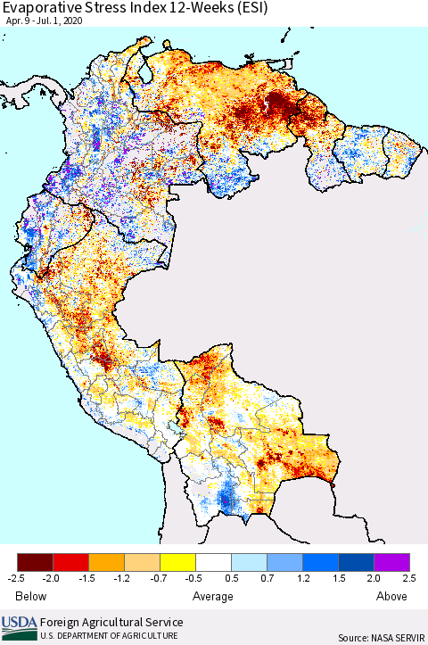Northern South America Evaporative Stress Index (ESI), 12-Weeks Thematic Map For 6/29/2020 - 7/5/2020