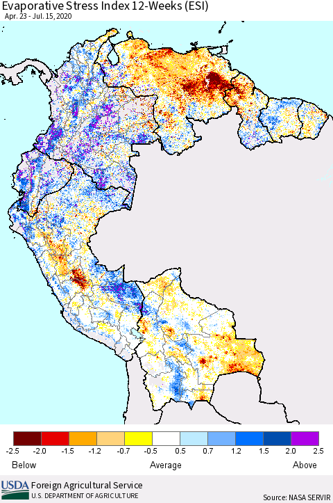 Northern South America Evaporative Stress Index (ESI), 12-Weeks Thematic Map For 7/13/2020 - 7/19/2020
