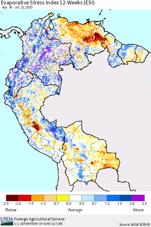 Northern South America Evaporative Stress Index (ESI), 12-Weeks Thematic Map For 7/20/2020 - 7/26/2020