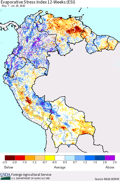 Northern South America Evaporative Stress Index (ESI), 12-Weeks Thematic Map For 7/27/2020 - 8/2/2020