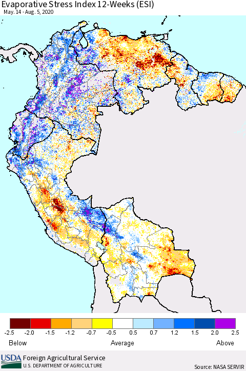 Northern South America Evaporative Stress Index (ESI), 12-Weeks Thematic Map For 8/3/2020 - 8/9/2020