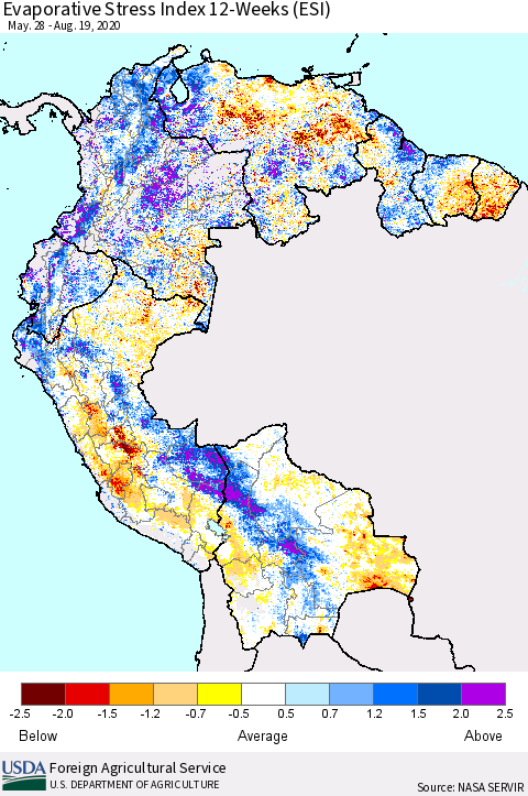 Northern South America Evaporative Stress Index (ESI), 12-Weeks Thematic Map For 8/17/2020 - 8/23/2020