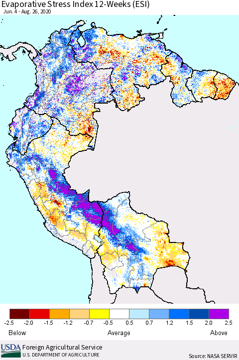Northern South America Evaporative Stress Index (ESI), 12-Weeks Thematic Map For 8/24/2020 - 8/30/2020