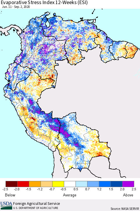 Northern South America Evaporative Stress Index (ESI), 12-Weeks Thematic Map For 8/31/2020 - 9/6/2020