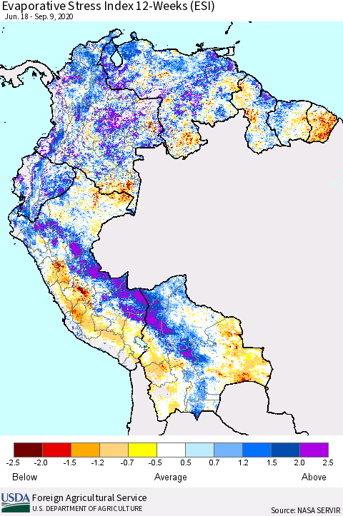 Northern South America Evaporative Stress Index (ESI), 12-Weeks Thematic Map For 9/7/2020 - 9/13/2020