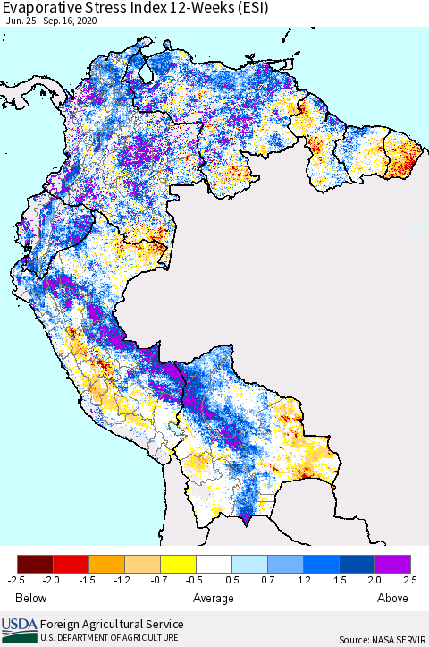 Northern South America Evaporative Stress Index (ESI), 12-Weeks Thematic Map For 9/14/2020 - 9/20/2020