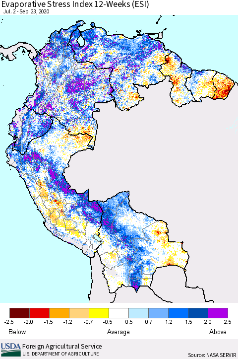 Northern South America Evaporative Stress Index (ESI), 12-Weeks Thematic Map For 9/21/2020 - 9/27/2020