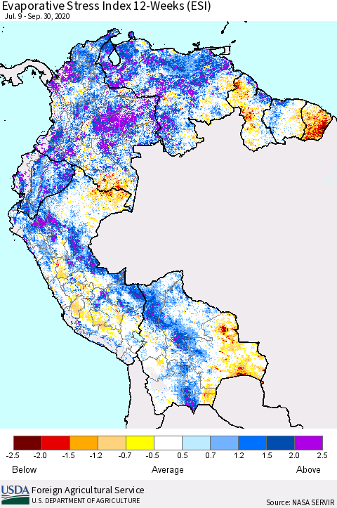 Northern South America Evaporative Stress Index (ESI), 12-Weeks Thematic Map For 9/28/2020 - 10/4/2020