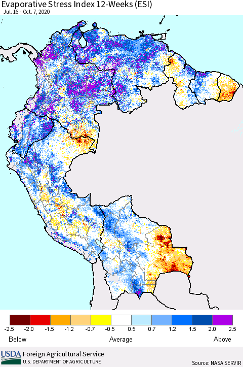 Northern South America Evaporative Stress Index (ESI), 12-Weeks Thematic Map For 10/5/2020 - 10/11/2020