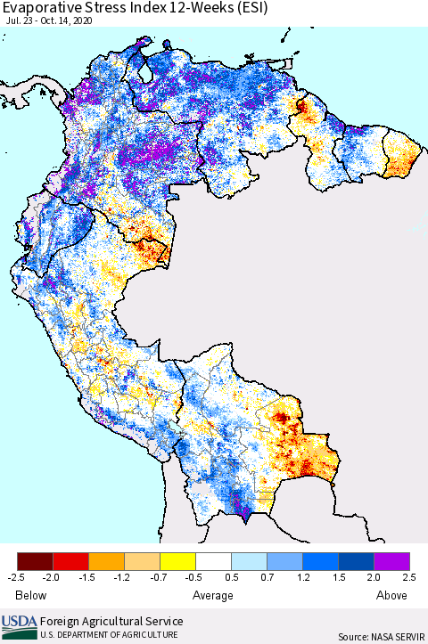 Northern South America Evaporative Stress Index (ESI), 12-Weeks Thematic Map For 10/12/2020 - 10/18/2020