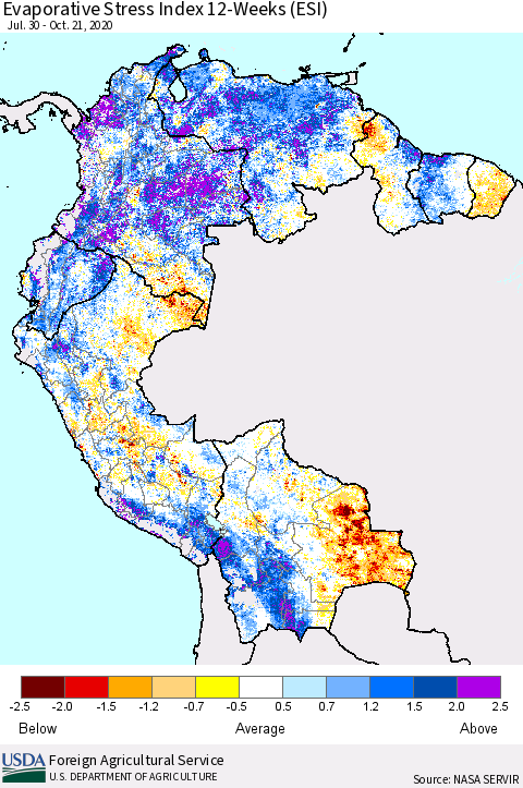 Northern South America Evaporative Stress Index (ESI), 12-Weeks Thematic Map For 10/19/2020 - 10/25/2020