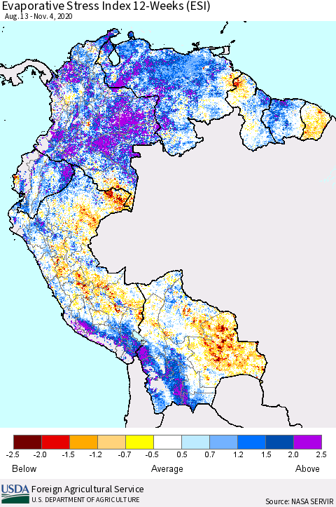 Northern South America Evaporative Stress Index (ESI), 12-Weeks Thematic Map For 11/2/2020 - 11/8/2020