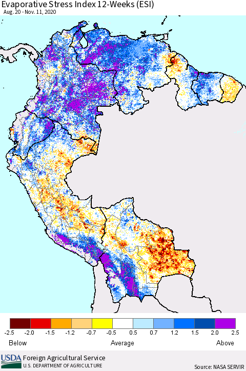 Northern South America Evaporative Stress Index 12-Weeks (ESI) Thematic Map For 11/9/2020 - 11/15/2020