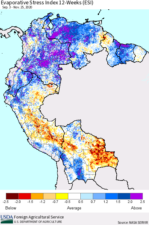 Northern South America Evaporative Stress Index (ESI), 12-Weeks Thematic Map For 11/23/2020 - 11/29/2020