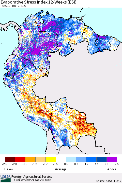 Northern South America Evaporative Stress Index (ESI), 12-Weeks Thematic Map For 11/30/2020 - 12/6/2020