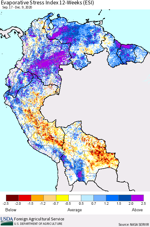 Northern South America Evaporative Stress Index (ESI), 12-Weeks Thematic Map For 12/7/2020 - 12/13/2020