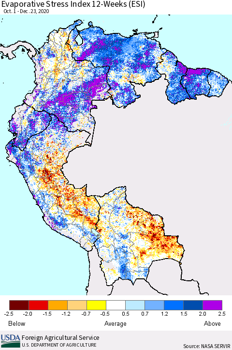 Northern South America Evaporative Stress Index (ESI), 12-Weeks Thematic Map For 12/21/2020 - 12/27/2020