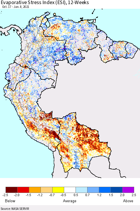 Northern South America Evaporative Stress Index (ESI), 12-Weeks Thematic Map For 1/4/2021 - 1/10/2021