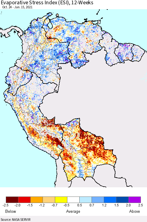 Northern South America Evaporative Stress Index (ESI), 12-Weeks Thematic Map For 1/11/2021 - 1/17/2021