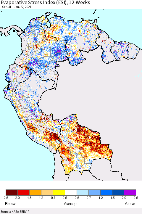 Northern South America Evaporative Stress Index (ESI), 12-Weeks Thematic Map For 1/18/2021 - 1/24/2021