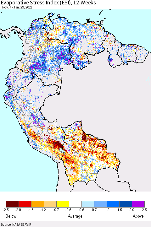 Northern South America Evaporative Stress Index (ESI), 12-Weeks Thematic Map For 1/25/2021 - 1/31/2021